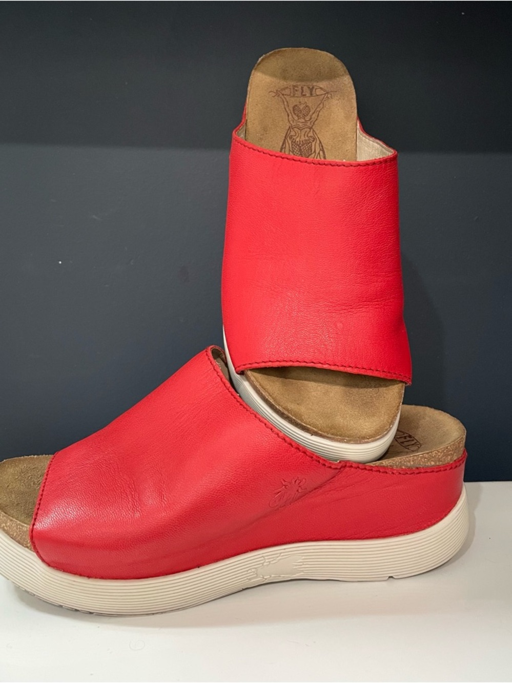 Fly London Red Leather Slide Mules with White Platform Sole